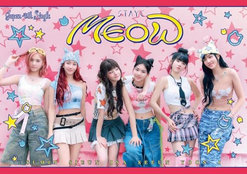 Stayc members in colorful outfits with cat ears, pink star background.