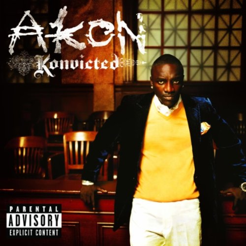 Akon album cover, “Konvicted,” featuring Akon in a courtroom setting.