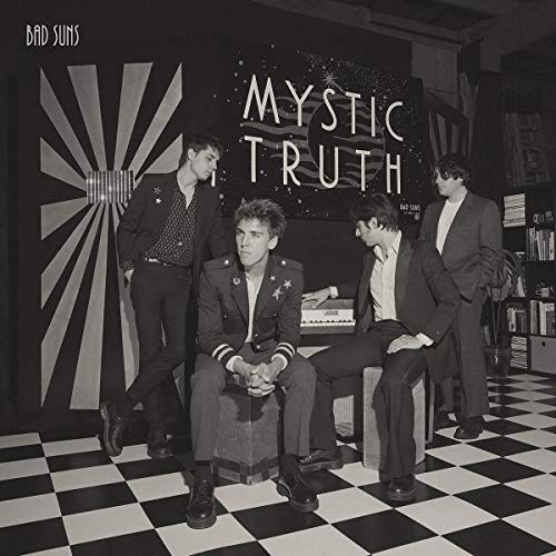 Black and white album cover featuring the band Bad Suns with geometric patterns.