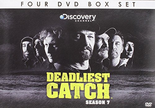 Deadliest Catch" Season 7 DVD box set featuring weathered crab fishermen.