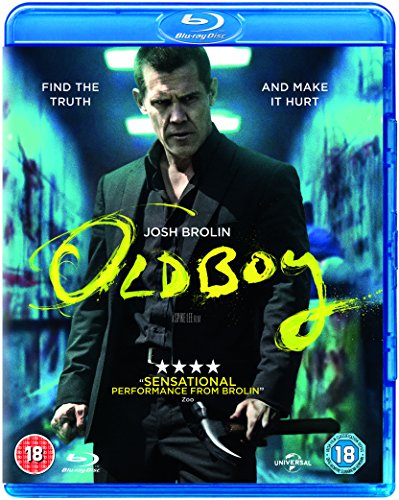 Blu-ray cover for Oldboy featuring Josh Brolin holding a hammer in a blue-toned hallway.
