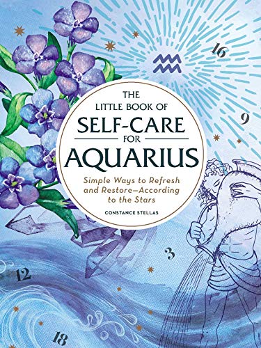 Book cover with floral illustration, Aquarius symbol, and watercolor imagery.