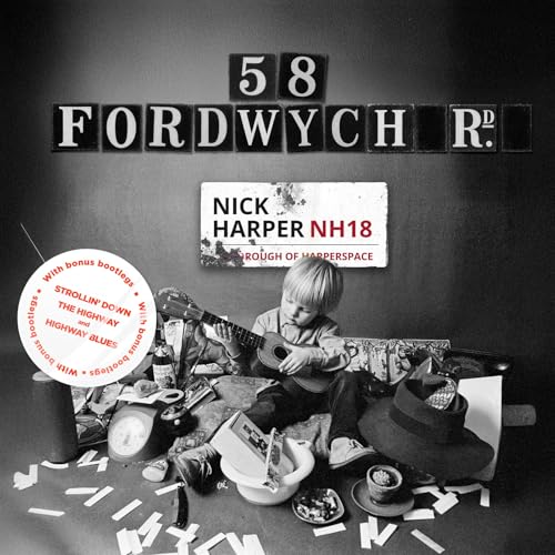 Black and white CD cover featuring a child playing ukulele amidst clutter.