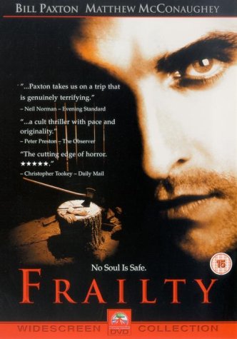 DVD cover for "Frailty" featuring Bill Paxton and a wood stump with an axe.