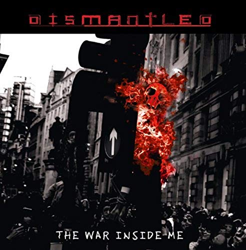 CD cover: skull engulfed in red flames before a city street.