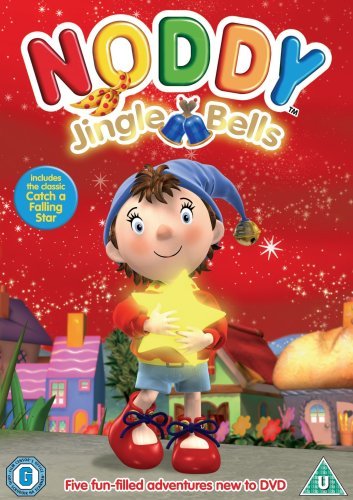 Noddy holding a yellow star on a red background with a village scene.