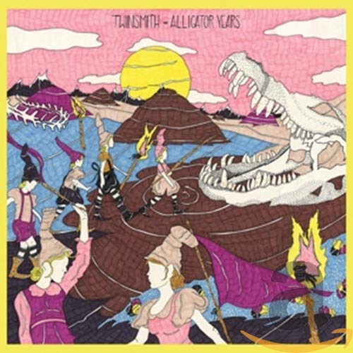 Album cover for Twinsmith’s “Alligator Years” featuring figures and a dinosaur skeleton.