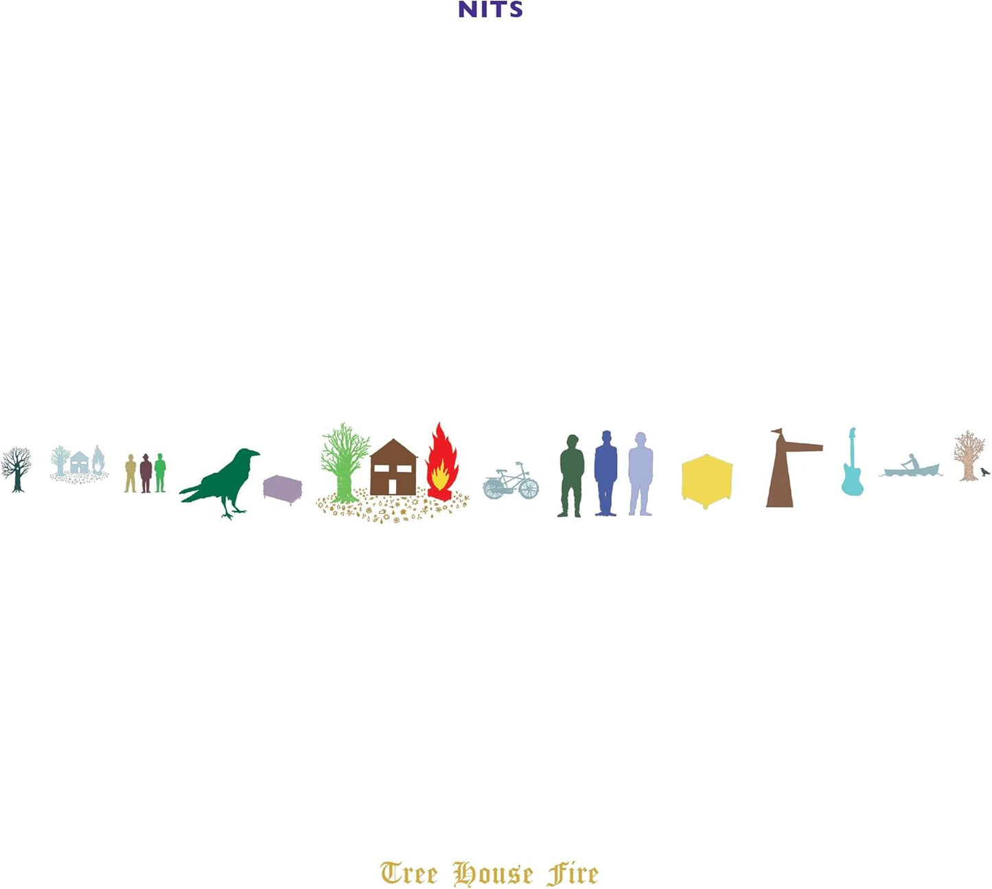 Album cover for Nits’ “Tree House Fire” featuring stylized figures and objects.