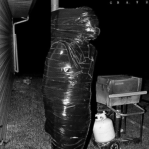 Black and white album cover featuring a figure wrapped in plastic wrap.