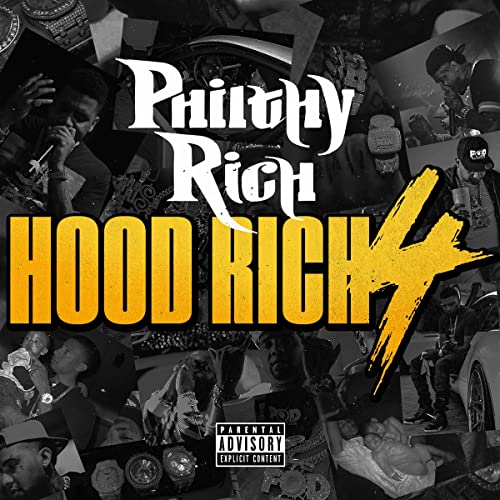 Album cover for Philthy Rich’s “HOOD RICH 4” featuring collage of portraits.