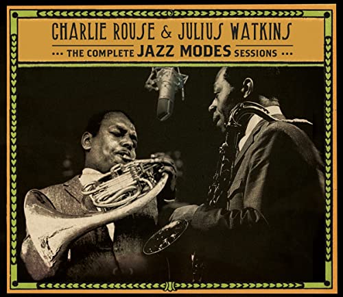 Charlie Rouse and Julius Watkins playing French horn and saxophone in a studio setting.
