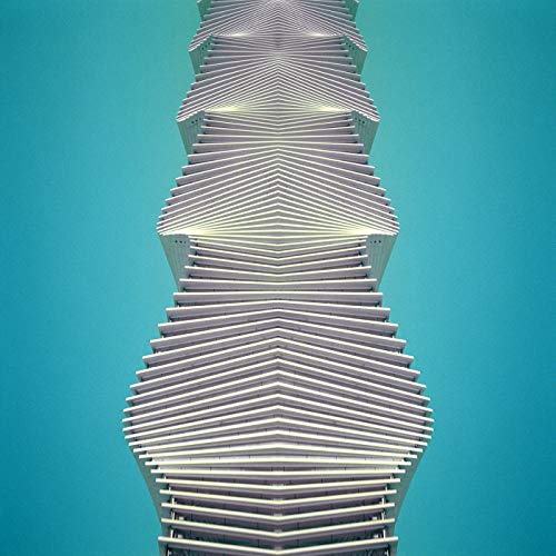 Symmetrical, abstract architectural structure with stacked, repeating white horizontal layers against a teal background.