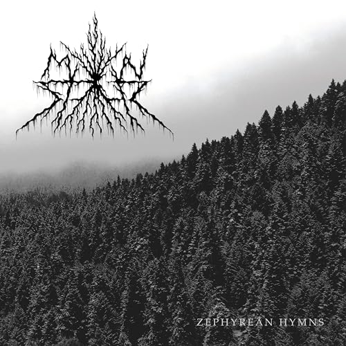 Black and white album cover depicting a forest and thorny logo.