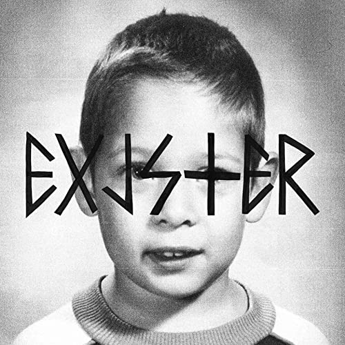 Black and white album cover with a child’s face obscured by text.