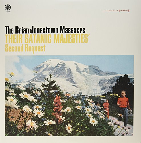 Vinyl album cover: mountain landscape with wildflowers and people walking.