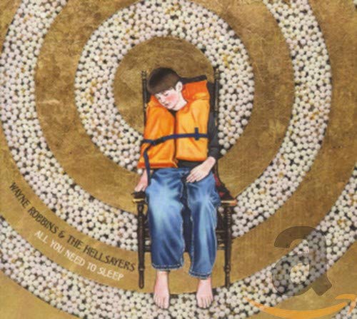 Boy in a life vest sits in a chair within a spiral design.