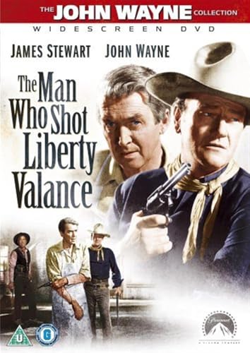 DVD cover for "The Man Who Shot Liberty Valance" featuring James Stewart and John Wayne.
