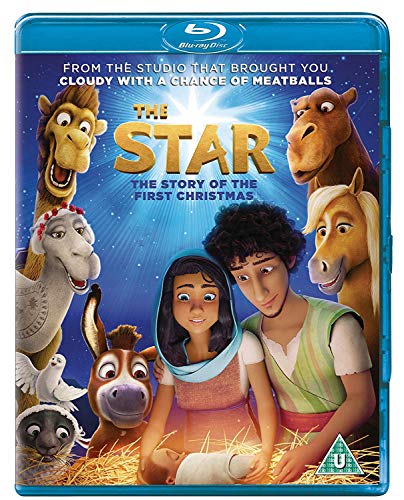 Blu-ray cover art for The Star featuring animated characters surrounding a manger scene.