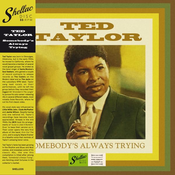 Vinyl record cover for Ted Taylor’s “Somebody’s Always Trying” with portrait.