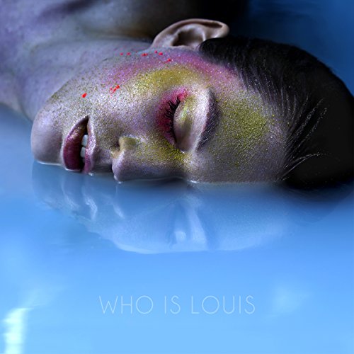 Person with glitter on face lying in blue water, album cover.