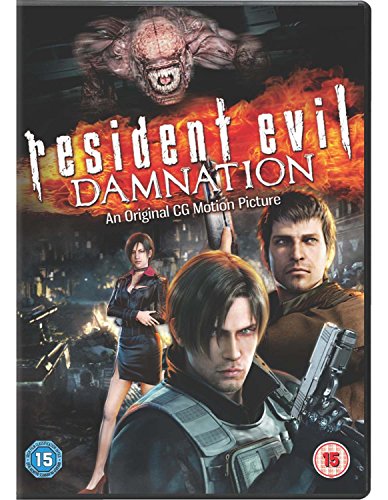 DVD cover for “Resident Evil: Damnation” featuring characters and a monster.