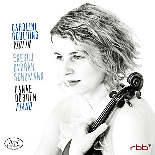 Violinist Caroline Goulding with violin, album cover for classical music CD.