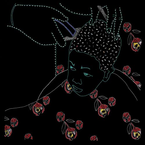 Black and white illustration of a person getting their hair braided with roses.