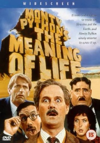 DVD cover for "Monty Python's The Meaning of Life" featuring cast members.