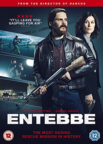 DVD cover for “Entebbe” featuring actors with weapons, and a plane.
