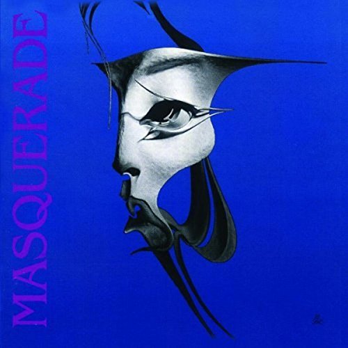 Blue background with a stylized, silver mask-like face in profile.