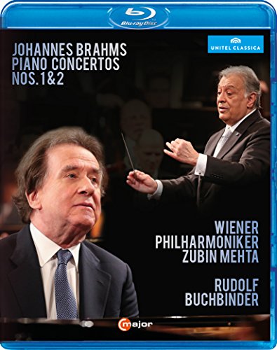Blu-ray cover for Brahms piano concertos featuring conductors Zubin Mehta and Rudolf Buchbinder.