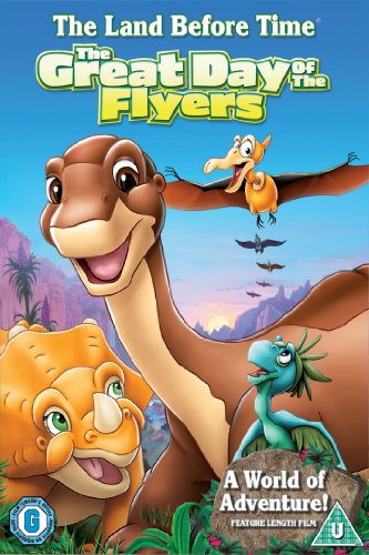 DVD cover featuring three young dinosaurs and flying pterodactyls.