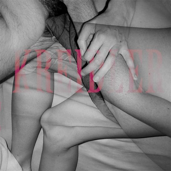 Black and white close-up of intertwined limbs with pink text overlay.
