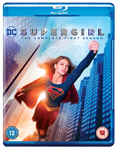 Supergirl in costume flying over a city, Blu-ray case cover.