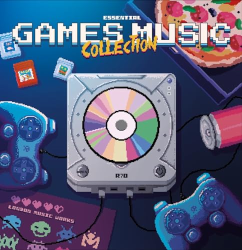 Pixel art vinyl record with game controllers and retro gaming imagery.