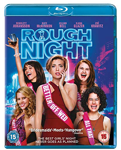 Blu-ray cover for "Rough Night" featuring Scarlett Johansson and Kate McKinnon.