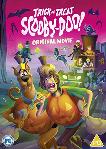 Scooby-Doo and Shaggy wearing pumpkin costumes with the Mystery Machine in the background.