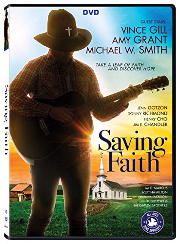 DVD cover for "Saving Faith" featuring a man with a guitar and church.