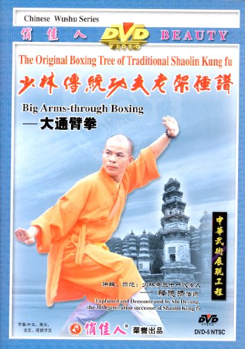 A Shaolin monk in orange robes performs a martial arts pose before a pagoda.