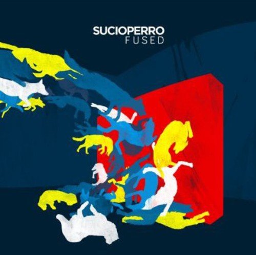Sucioperro "Fused" CD cover: abstract dogs and geometric shapes in blue, red, yellow.