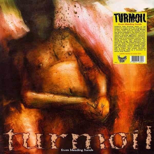 Vinyl record cover: distressed hands and text on a dark, textured background.