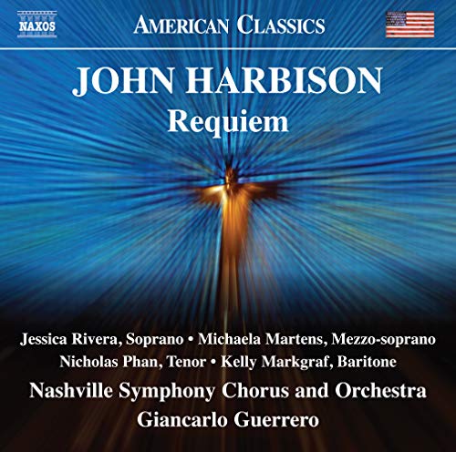 CD cover for John Harbison’s “Requiem” with a blue and gold cross.