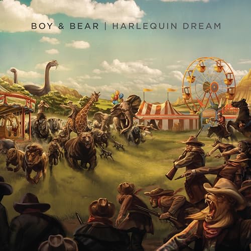 Album cover: chaotic scene with animals, cowboys, and a carnival.