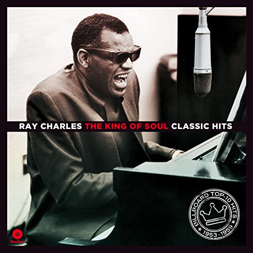 Ray Charles at a piano with a microphone, album cover art.