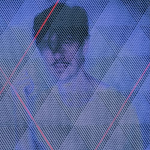 Blue geometric background with a shadowed portrait and red lines.