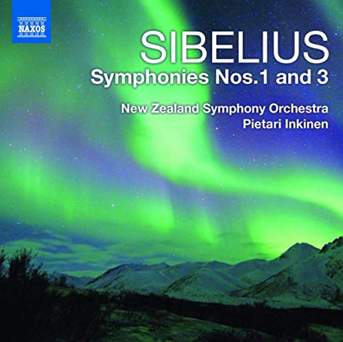 CD cover: Sibelius symphonies with aurora borealis and mountain landscape.