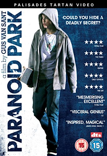 DVD cover for "Paranoid Park" featuring a hooded teen walking.