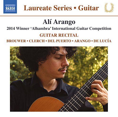 Classical guitarist Alí Arango playing a brown acoustic guitar, CD cover.