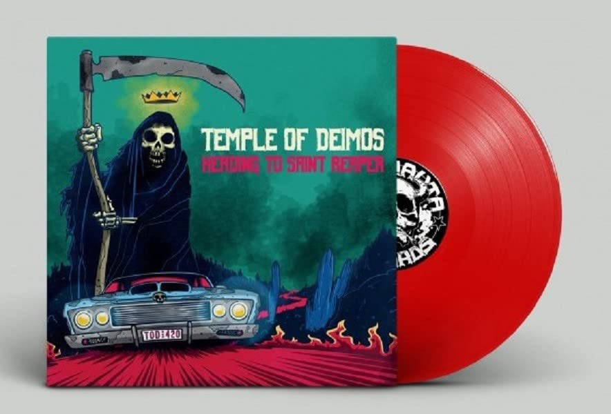 Vinyl record cover: skull grim reaper with car in desert landscape.