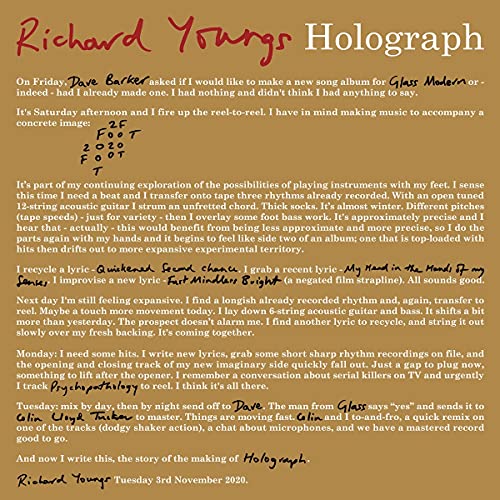 Vinyl record cover for Richard Youngs' "Holograph" with handwritten text.